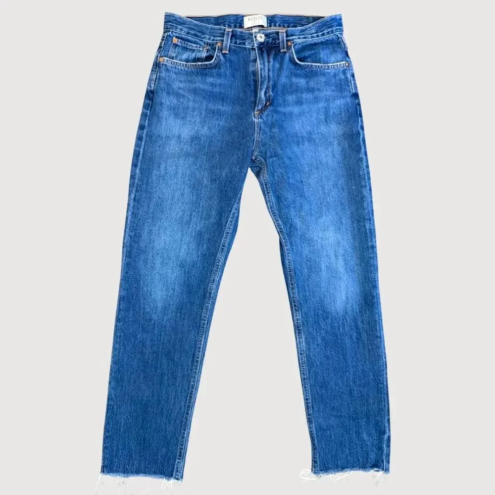 AGOLDE Riley Slim Straight Crop Jeans | Medium Blue Wash | Raw Hem - Picture 2 of 8